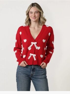 Red Heart-Print V-Neck Sweater Cardigan with Bow Closures